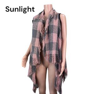 Women Acrilic Plaid Fringe Vest Oversized Dusty Pink Gray Plaid One Size